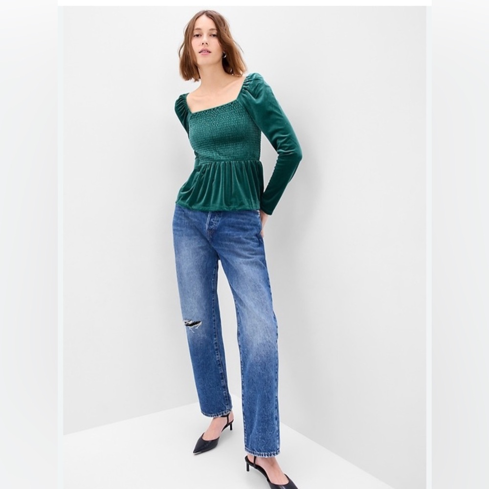 GAP Puff Sleeve Smocked‎ Peplum Velvet Top XL